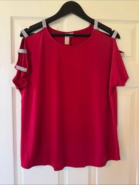Misia Red Cold-Shoulder Blouse with Rhinestone-Strap Detail